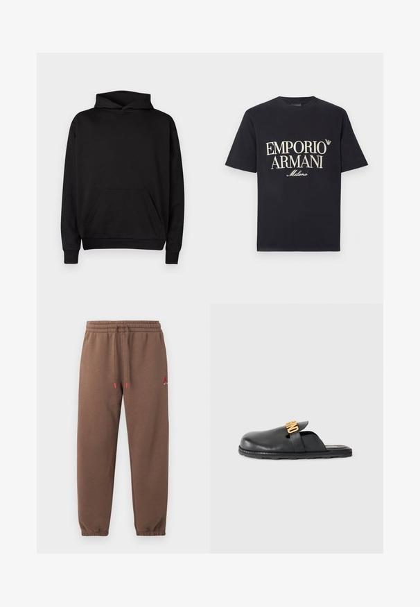 Sort hættetrøje lavet af blødt stof, med en frontlomme, justerbar snoretrækhætte og ribbede manchetter. Enkel og udekoreret design.; Sort bomulds-T-shirt med en stor, kontrasterende cremefarvet "EMPORIO ARMANI Milano"-grafik på forsiden og et lille logo på brystet.; Brune joggingbukser med elastisk talje og manchetter, justerbar snor med røde ender og lille rødt logo på øverste venstre ben.; Sort slip-on læder mule med en guldfarvet dekorativ remdetalje og en lav, tekstureret gummisål på en neutral baggrund.