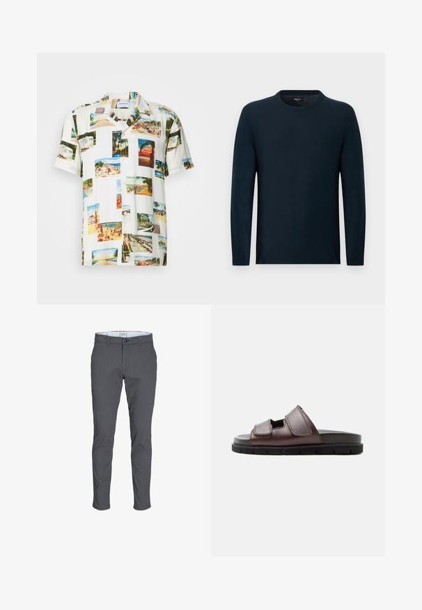 Marineblå langærmet sweater med rund hals, tætsiddende pasform og diskret vertikal sømdetalje ned midten.; Hvid kortærmet skjorte med et collage af fotografier af tropiske scener i forskellige farver. Letvægtsstof, knaplukning foran og afslappet pasform.; Grå bomuldsbukser med slim fit, knaplukning og lommer. Har et rent design og en glat tekstur.; Brun lædersandal med to justerbare velcroremme og en sort polstret sål på hvid baggrund.