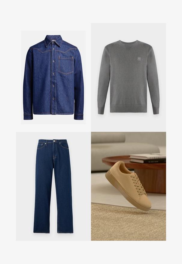 TOM TAILOR WASHED CREWNECK - Trui - dark grey; Donkerblauwe denim overhemd met lange mouwen, puntige kraag, knoopsluiting, borstzak en contrasterende oranje stiksel.; Donkerblauwe wijde spijkerbroek met knoopsluiting aan de voorkant, lussen voor een riem en vijfzakkenontwerp op een witte achtergrond.; Beige vetersneaker die boven een gestructureerd tapijt zweeft, met een houten salontafel en gestapelde boeken op een wazige achtergrond.