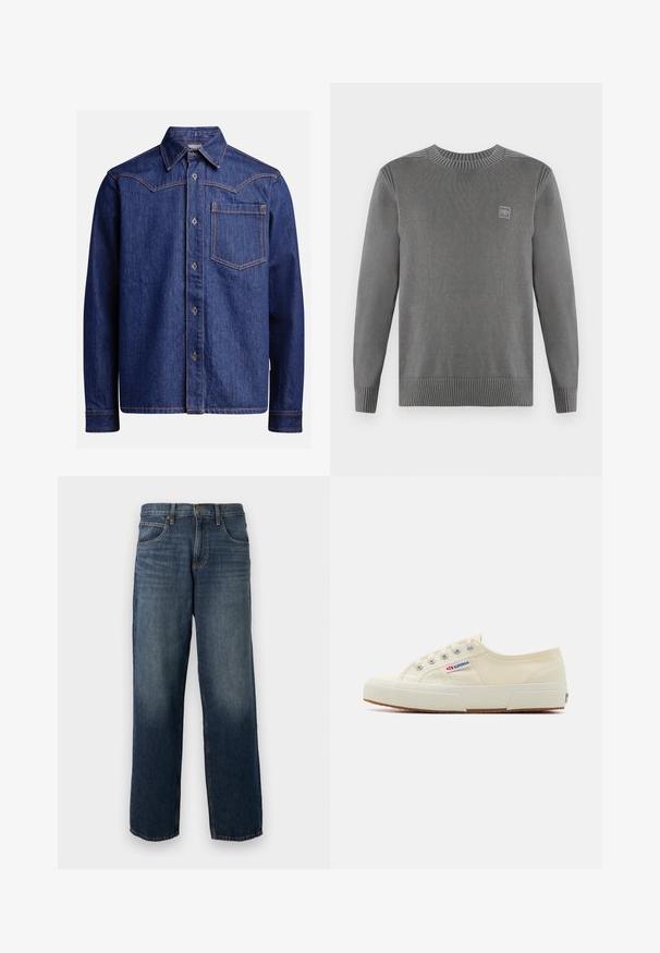TOM TAILOR WASHED CREWNECK - Svetrík - dark grey; Tmavomodrá riflová košeľa s dlhým rukávom, so špicatým golierom, predným zapínaním na gombíky, náprsného vrecka a kontrastným oranžovým prešívaním.; Modré rifle s priamymi nohavicami, piatimi vreckami a zapínaním na gombík a zips, s jemnými vyblednutými detailmi na stehnách a kolenách.; Béžové plátené tenisky s nízkym profilom, kovovými očkami a gumovou podrážkou. Obsahujú textúrovaný vzor a detail loga na boku.