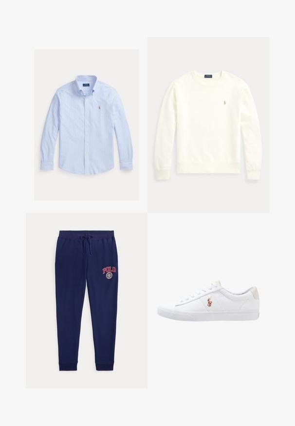 Μπλούζα φούτερ με λαιμόκοψη σε απαλό λευκό χρώμα, με ραμμένα μανίκια και περιθώρια. Διαθέτει ένα μικρό κεντημένο λογότυπο στο αριστερό μέρος του στήθους σε χρυσό χρώμα.; Ανοιχτό μπλε πουκάμισο με μακριά μανίκια, λευκές κάθετες ρίγες και μικρό κεντητό λογότυπο Polo Ralph Lauren στο στήθος.; Σκούρο μπλε παντελόνια φόρμας με κορδόνι στη μέση και κόκκινο λογότυπο και έμβλημα "POLO" στο πάνω αριστερό μηρό.; Λευκό καμβά παπούτσι με χαμηλό σχέδιο, με χαρακτηριστική μπεζ ταμπέλα στη φτέρνα και ένα μικρό κεντημένο λογότυπο στο πλάι. Ελαστική σόλα.