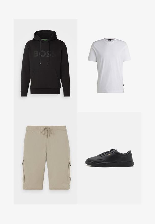 Zwarte hoodie van zachte stof met een grote kangoeroezak aan de voorkant, verstelbare trekkoordcapuchon en een groot tonale BOSS-logo op de borst.; Witte T-shirt met korte mouwen van katoen. Heeft een ronde hals en een subtiele merklabel aan de zijkant. Zachte textuur en eenvoudig ontwerp.; Beige cargoshorts met een elastische tailleband en een koord. Beschikt over zijzakken en een zachte, lichte stof.; Zwarte leren sneakers met een gladde textuur, ronde neus, platte rubberen zool en tonale veters. Kenmerkt zich door de gouden "BOSS" branding aan de zijkant.