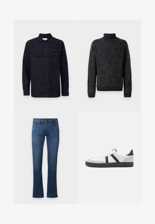Suéter de punto negro y gris con cuello alto, mangas largas y puños acanalados. La textura es gruesa con un patrón mezclado.; Camisa de mezclilla azul oscuro con mangas largas, cierre frontal de botones, dos bolsillos en el pecho y un pequeño logo rojo "REPLAY" en el bolsillo izquierdo.; Jeans de denim de pierna recta en color azul, con cinco bolsillos y cierre de botón, que muestran ligeros detalles de desgaste en los muslos y las rodillas.; Zapatilla blanca con acentos en negro y gris, que presenta una puntera texturizada en gris, suela de goma negra y cordones planos blancos. Diseño limpio, estilo minimalista.
