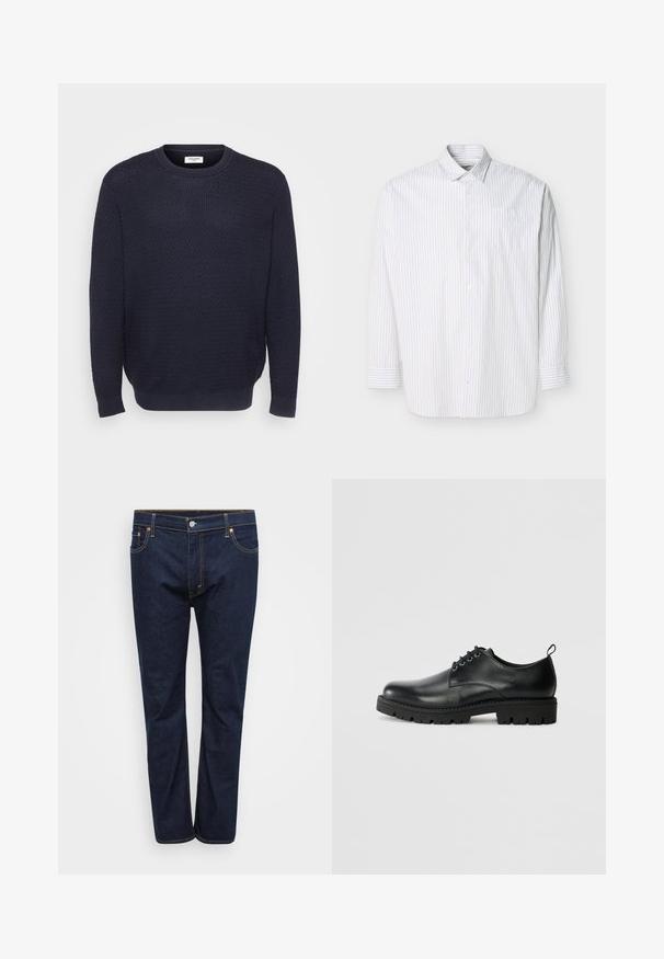 Marineblå strikket sweater med et tekstureret mønster, rund halsudskæring og ribbede manchetter og kant. Fremstillet af blødt, strækbart stof.; Hvid skjorte med lange ærmer og knapper foran, med tynde lodrette beige striber og en brystlomme, vist fladt på en lys baggrund.; Mørkeblå denim jeans med lige ben, der har synlige stikninger i kontrasterende gul, fem lommer og en frontlukning med knap.; Sort læder sko med en rund tå, der har snørelukning, solid sort gummisål og en lille hælflap bagpå.