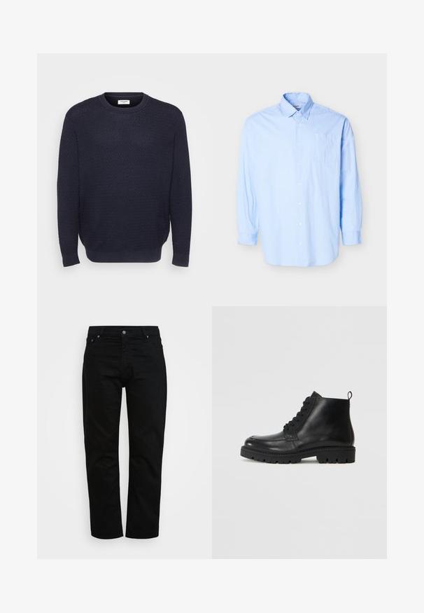 Marineblå strikket sweater med et tekstureret mønster, rund halsudskæring og ribbede manchetter og kant. Fremstillet af blødt, strækbart stof.; Lyseblå langærmet skjorte med knapper, spids krave og brystlomme, vist på en ensfarvet hvid baggrund.; Sorte jeans lavet af bomuld, med klassisk snit, fem-lomme design og metalknaplukning. Glat tekstur med lige ben.; Sorte læder ankelstøvler med rund tå, snørebånd fortil og tekstureret gummisål. Inkluderer en løkke ved hælen for nem påføring.