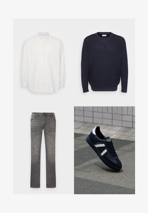 Jersey de punto azul marino con un patrón texturizado, escote redondo y puños y dobladillo acanalados. Elaborado con tejido suave y elástico.; Camisa de botones en rayas blancas y beige claro, de mangas largas, con bolsillo en el lado izquierdo del pecho, cuello clásico, de tela ligera.; Vaqueros grises de pierna recta con diseño clásico de cinco bolsillos y cierre de botón, ligeramente desgastados en las zonas del muslo y la rodilla.; Zapatilla de cuero negra con rayas blancas, suela de goma texturizada y parte frontal con cordones. Cuenta con una etiqueta de marca en la lengüeta.
