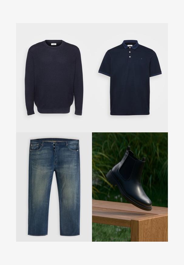 Marine gebreide trui met een gestructureerd patroon, ronde halslijn en geribde manchetten en zoom. Gemaakt van zachte, rekbare stof.; Navy polo shirt van zacht materiaal, met een klassieke kraag, een placket met drie knopen en contrasterende gestreepte accenten op de mouwen.; Blauwe denim jeans met knopenfly, klassiek vijf-pocket ontwerp en vervaagde details op de dijen en knieën.; Zwarte leren enkelboot met elastische zijpanelen zwevend boven een houten bank, groene loof achtergrond.