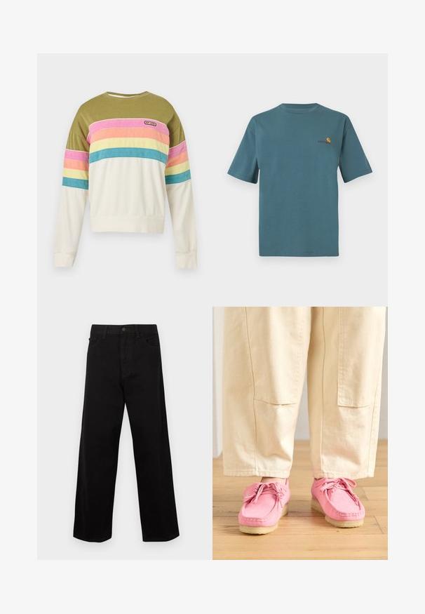 Sweater met lange mouwen met een olijfgroene bovenkant, crème onderste deel en horizontale roze, oranje, gele en blauwe strepen over de borst en mouwen.; Teal katoenen t-shirt met korte mouwen, voorzien van een ronde halslijn en een klein geborduurd logo in oranje en bordeaux op de borst.; Zwarte, wijde denim broek met hoge taille, vijf zakken en een knoopsluiting aan de voorkant. Het materiaal lijkt stevig met een gladde textuur.; Roze suède moccasin-stijl schoenen met veters, voorzien van een gestructureerd oppervlak en een lichtbeige rubberen zool, gecombineerd met beige broek.