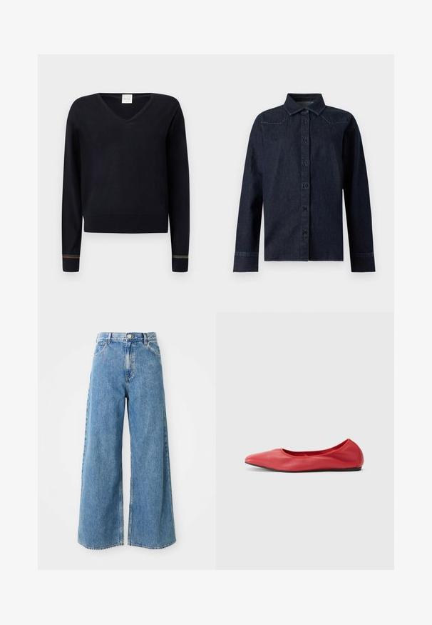 Pull noir à col en V avec manches longues, poignets côtelés ornés d'accents multicolores et ourlet droit. Texture douce et lisse.; Chemise en denim bleu foncé à manches longues, boutonnée sur le devant, col pointu, avec des détails de couture simples aux épaules et aux poignets.; Jean en denim léger bleu clair à taille haute, avec fermeture à boutons et à glissière à l'avant, et poches avant sur fond blanc.; Filippa K REY FLATS - Ballerines - bright red