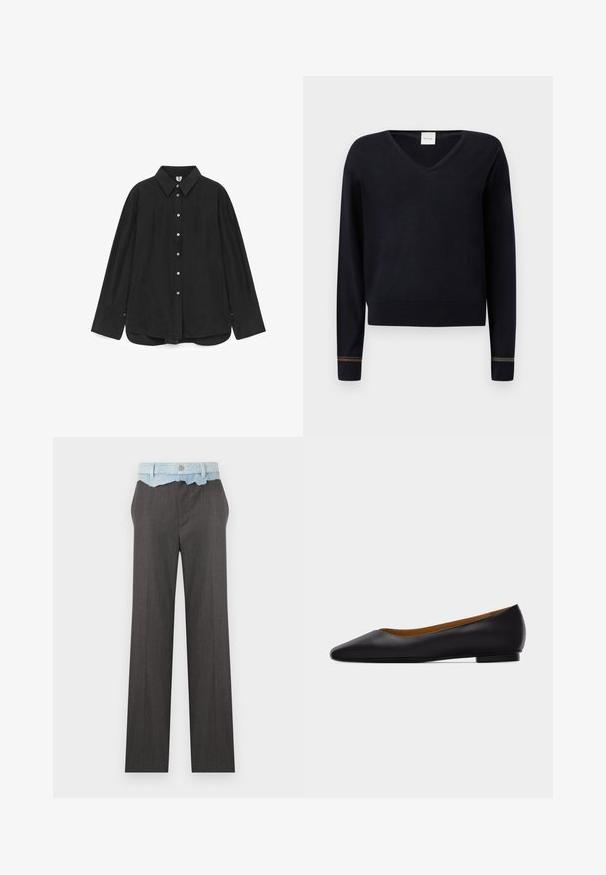 Pull noir à col en V avec manches longues, poignets côtelés ornés d'accents multicolores et ourlet droit. Texture douce et lisse.; Chemise noire à boutons en tissu lisse, dotée d'un col, de manches longues et d'un ourlet légèrement incurvé avec des accents de boutons.; Pantalon gris droit taille haute avec ceinture en denim bleu clair effilochée et fermeture par bouton.; Chaussure plate en cuir noir à bout pointu avec talon bas et finition lisse, vue de côté sur un fond gris clair.