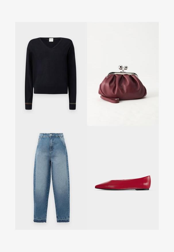 Schwarzer V-Ausschnitt-Pullover mit langen Ärmeln, gerippten Bündchen mit mehrfarbigen Akzenten und einem geraden Saum. Weiche, glatte Textur.; Helle blaue Denim-Jeans mit hoher Taille, lockerer Passform, Fünf-Taschen-Design und ausgefransten Säumen. Sie verfügen über klassische Nähte und einen Reißverschluss.; Roter Leder-Flachschuh mit spitzer Spitze, schwarzer Sohle und niedrigem Absatz, seitlich auf schlichtem hellem Hintergrund dargestellt.; Kleine burgunderrote Lederclutch mit silbernem Metallverschluss und Handgelenksriemen auf weißem Hintergrund.