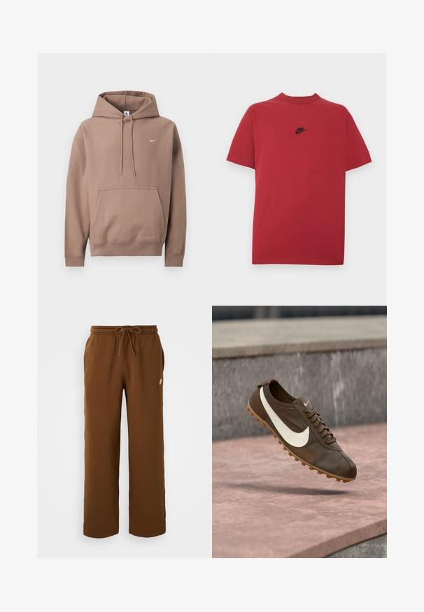 Sudadera con capucha marrón claro con cordones ajustables, bolsillo canguro frontal y pequeño logo blanco de Nike en el pecho izquierdo.; Camiseta de algodón roja con un logo negro de Nike en el pecho, mangas cortas, cuello redondo y ajuste regular. Textura lisa.; Pantalones de chándal marrones hechos de tela suave, con una cintura elástica y cordón, bolsillos laterales y un logo blanco en el lado izquierdo.; Zapatilla de running Nike marrón con el logo Swoosh blanco y suela de goma flotando sobre una superficie de piedra rosa con fondo de piedra gris.