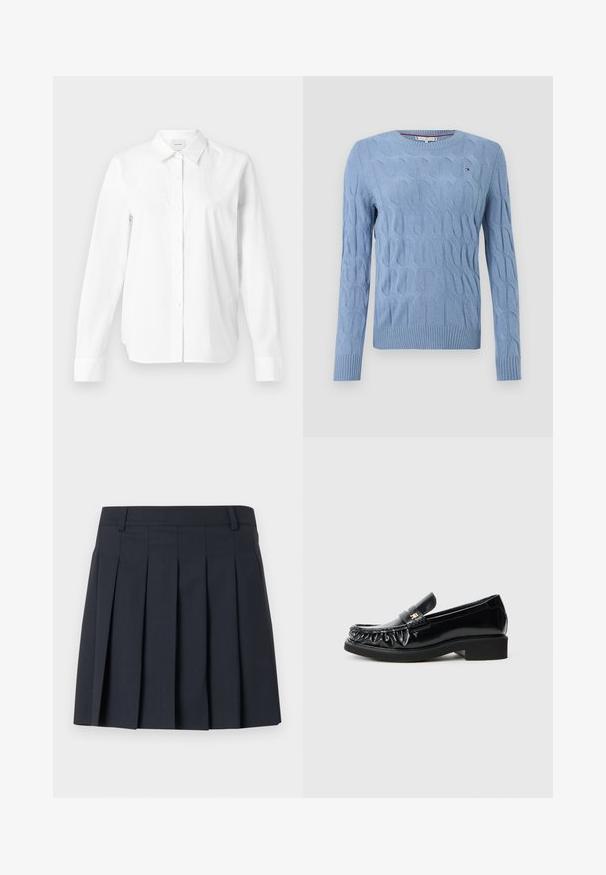 Lichtblauwe gebreide trui met een gestructureerd kabelpatroon, ronde halslijn en ribbelboorden aan de mouwen en onderkant. Gemaakt van zachte stof.; Witte button-up shirt gemaakt van katoen. Heeft een klassieke kraag, lange mouwen en een ontspannen pasvorm. Geen zichtbare patronen of accenten.; Donkerblauwe geplooide rok met een platte tailleband, gemaakt van gladde stof. Heeft meerdere verticale plooien en een getailleerd ontwerp.; Zwarte gepatineerde leren loafers met een decoratieve gathered rand, vlakke rubberen zool en een kleine metalen logo-accent op de band.