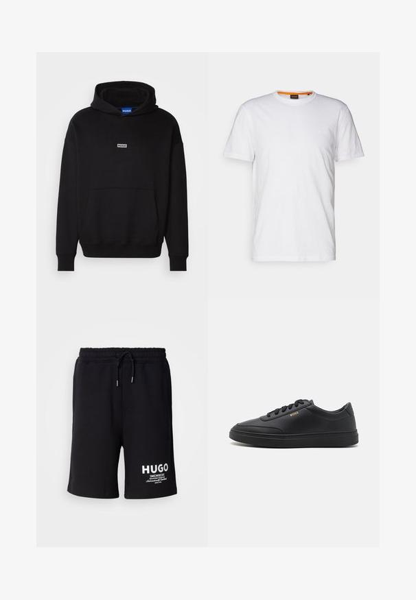 HUGO NAZARDO - Hoodie - black; Witte katoenen T-shirt met ronde hals, korte mouwen en een subtiel reliëflogo op de borst. Het binnenlabel heeft een oranje accent.; Zwarte katoenen shorts met een elastische tailleband en koord. Witte "HUGO" logo op het linkerpijp. Eenvoudig ontwerp, knielange snit.; Zwarte leren sneakers met een gladde textuur, ronde neus, platte rubberen zool en tonale veters. Kenmerkt zich door de gouden "BOSS" branding aan de zijkant.