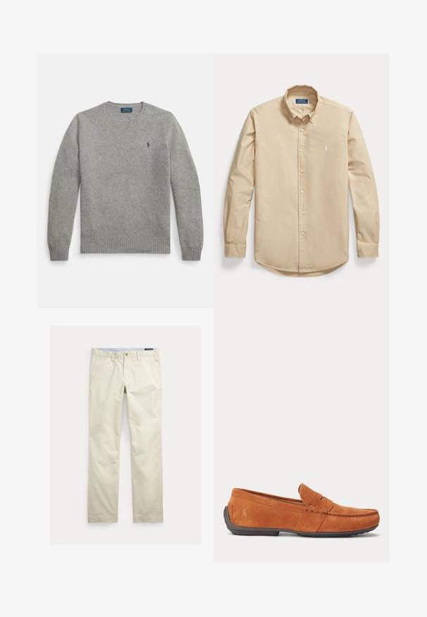 Grå strikket sweater med lange ærmer, ribbede manchetter og kant, med en lille broderet logo på venstre bryst. Klassisk rund halsudskæring.; Beige langærmet skjorte med knapper foran, button-down krave og lille broderet logo på venstre bryst.; Beige bomuld straight-leg bukser med bæltestropper, forreste knap, lynlås og sidelommer.; Brun herre loafer i ruskind med syningdetaljer, en penny-lomme på overdelen og en mørk gummisål.
