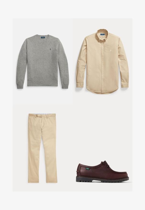 Suéter gris de punto con mangas largas, puños y dobladillo acanalados, con un pequeño logo bordado en el pecho izquierdo. Diseño clásico de cuello redondo.; Camisa beige de manga larga con botones, cuello abotonado y pequeño logo bordado en el pecho izquierdo.; Pantalones beige de corte recto con trabillas para cinturón y cremallera frontal, colocados planos sobre un fondo blanco.; Zapato estilo mocasín de cuero marrón oscuro con suela negra resistente y etiqueta con el logo verde de Polo en el lateral, mostrado en vista lateral.