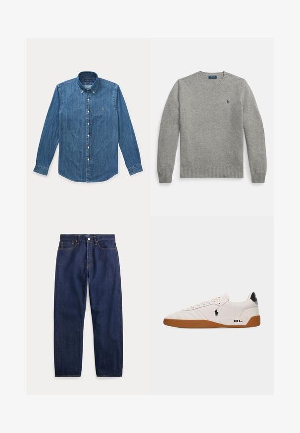 Grå strikket sweater med lange ærmer, ribbede manchetter og kant, med en lille broderet logo på venstre bryst. Klassisk rund halsudskæring.; Langærmet blå denim skjorte med knapper, krave og lille broderet logo på venstre bryst.; Mørkeblå denimjeans med lige ben, fem lommer, knaplukning og synlige syninger.; Hvid lav sneakers med brun gummisål, sort Polo Ralph Lauren-logo på siden og "RL" tekst på hælområdet.
