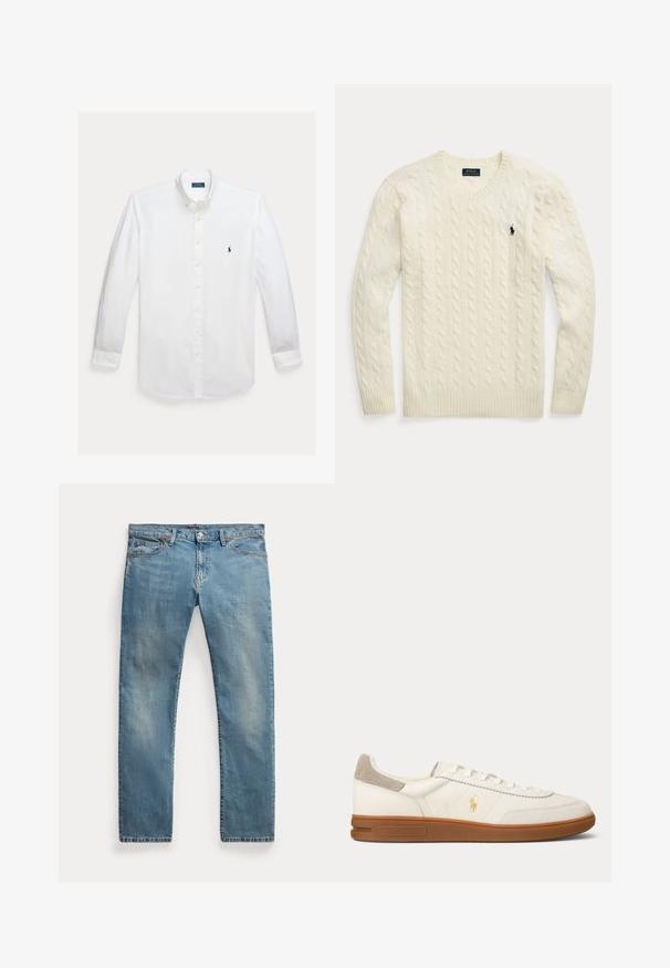 Flødefarvet kabelstrikket langærmet sweater med ribkant ved manchetter og kant, med en lille mørk broderet logo på venstre bryst.; Hvid skjorte med lange ærmer, knapper foran, krave og lille mørkeblå Polo Ralph Lauren logo broderet på brystet.; Lyseblå straight-leg denim jeans med forlommer, bæltestropper, knaplukning og let falmede detaljer.; Hvid læder lav sko med brun gummi sål, beige ruskind hæl patch og lille gyldent Polo-logo på siden.
