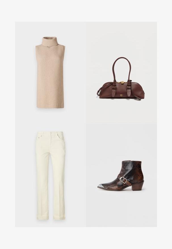 Beige ærmeløs turtleneck top med ribbede detaljer, der har en høj krave og en lige silhuet, præsenteret mod en ensfarvet baggrund.; Lys gule straight-leg jeans lavet af bomuld, med fem lomme-design, bæltestropper og opbrettede manchetter ved kanten.; Sorte og brune ankelstøvler med slangemønster, med en sølvfarvet tåhætte, spændeaccents og en lav træhælt. Glat tekstur, tætsiddende design.; Brun læderhåndtaske med to korte håndtag, guldfarvet hardware og syninger som dekoration. Har en lynlåslukning og et dekorativt logo foran.