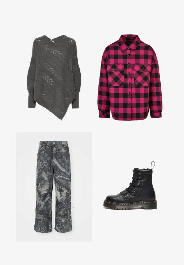 Grå poncho-sweater med V-hals, skrå ribbede detaljer, åben strikkemønster og draperet design med teksturerede accenter.; Rød- og sort plaid skjorte med lange ærmer, spids krave og to brystlommer. Har sorte knapper og en afslappet pasform.; Camo-mønstrede bukser med bredde ben i mørkegrå og grønne nuancer, med en knaplukning og sidelommer. Lavet af struktureret denimstof.; Sorte læder ankelstøvler med en struktureret overflade, tre sæt snørehuller og gule sømme på en tyk sål. Har en pull-tab ved hælen.