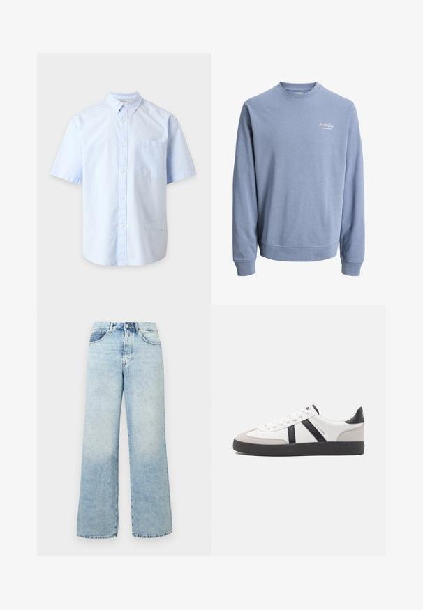 Sweat-shirt bleu clair à col rond avec manches longues et petit logo "Jack & Jones Archive Selection" sur la poitrine gauche.; Chemise bleu clair à manches courtes avec col et poche poitrine, présentée sur un fond gris clair uni.; Jean en denim bleu clair taille haute avec une fermeture à bouton et fermeture éclair, poches avant et coupe large.; Baskets blanches avec des accents noirs et gris, présentant un embout texturé gris, une semelle en caoutchouc noir et des lacets plats blancs. Design épuré, style minimaliste.