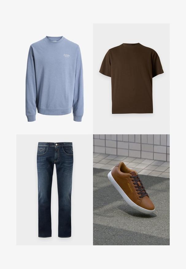 Sweat-shirt bleu clair à col rond avec manches longues et petit logo "Jack & Jones Archive Selection" sur la poitrine gauche.; T-shirt marron à manches courtes et col rond, design uni, présenté sur un fond blanc.; Jeans en denim bleu foncé avec un design classique à jambe droite, comprenant cinq poches, une fermeture par bouton à l'avant et des détails de couture discrets.; Basket en cuir marron avec semelle en caoutchouc blanche, lacets marron foncé et logo embossé. Présente une texture lisse et des détails de couture subtils.
