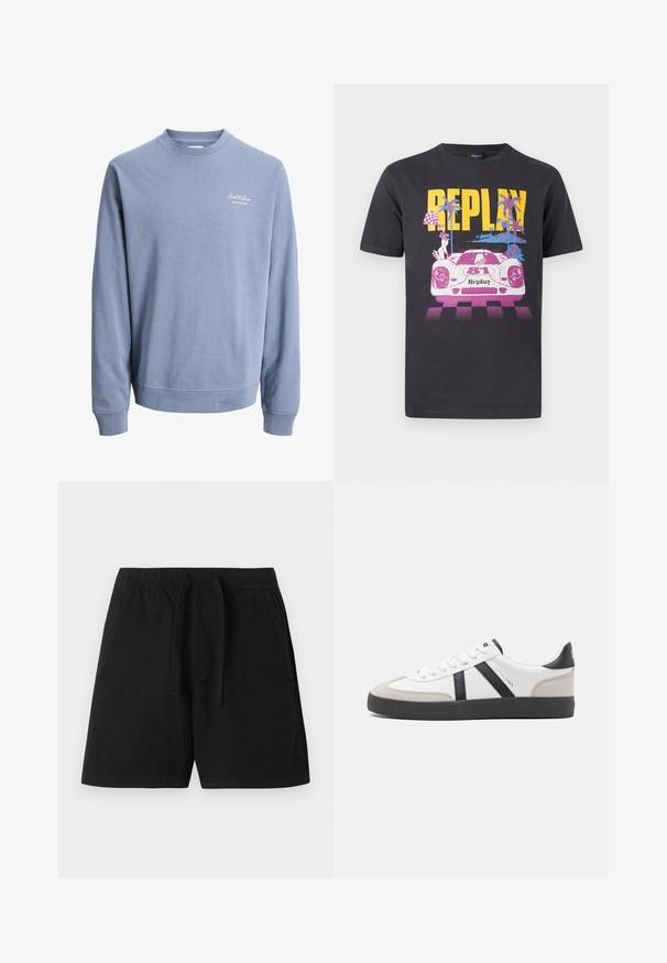 Sweat-shirt bleu clair à col rond avec manches longues et petit logo "Jack & Jones Archive Selection" sur la poitrine gauche.; T-shirt noir avec inscription jaune "REPLAY" au-dessus d'une voiture de course rose et blanche numérotée 81, palmiers et motif de drapeau à damier.; Shorts décontractés noirs avec ceinture élastique et cordon de serrage, poches avant et ourlet droit sur un fond uni.; Baskets blanches avec des accents noirs et gris, présentant un embout texturé gris, une semelle en caoutchouc noir et des lacets plats blancs. Design épuré, style minimaliste.