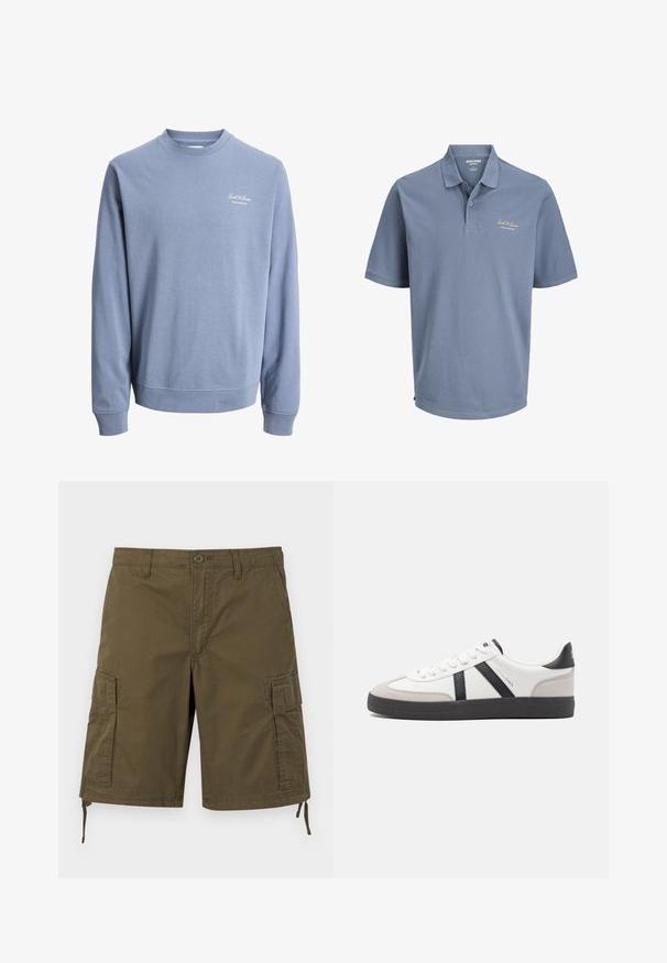 Sweat-shirt bleu clair à col rond avec manches longues et petit logo "Jack & Jones Archive Selection" sur la poitrine gauche.; Polo bleu à manches courtes avec col et deux boutons, arborant le logo "Jack & Jones" brodé sur le côté gauche de la poitrine.; Short cargo kaki avec poches latérales à rabat, fermeture à boutons à l'avant, passants pour ceinture et cordons réglables à l'ourlet.; Baskets blanches avec des accents noirs et gris, présentant un embout texturé gris, une semelle en caoutchouc noir et des lacets plats blancs. Design épuré, style minimaliste.