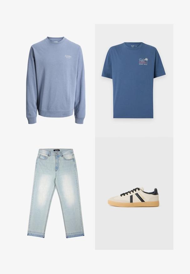 Svetlomodrá mikina s okrúhlym výstrihom, dlhými rukávmi a malým logom "Jack & Jones Archive Selection" na ľavej strane hrude.; Modré tričko s krátkym rukávom s nápisom "Palm Springs Desert Motel" a grafikou palmy na ľavej strane hrude.; Pegador BARROW - Džínsy široké - sand washed blue; Pohodlné tenisky v krémovej farbe s čiernymi pruhmi, s textúrovaným zvrškom a podrážkou z gumy. Šnúrky sú čierne. Diskrétny logo na boku.