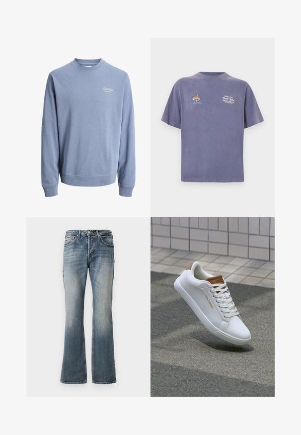 Hellblauer Sweatshirt mit Rundhalsausschnitt, langen Ärmeln und kleinem "Jack & Jones Archive Selection"-Logo auf der linken Brust.; Lila Baumwoll-T-Shirt mit Fisch-Stickerei und Text auf der Vorderseite. Kurze Ärmel und lockere Passform. Glatte Textur.; Blaue ausgewaschene Jeans mit leicht ausgestelltem Bein, Fünf-Taschen-Design und Knopfverschluß an der Taille.; Weiße Ledersneaker mit glatter Textur, tanfarbener Akzent an der Ferse, goldenes Logo an der Seite und Gummisohle mit strukturiertem Griff.