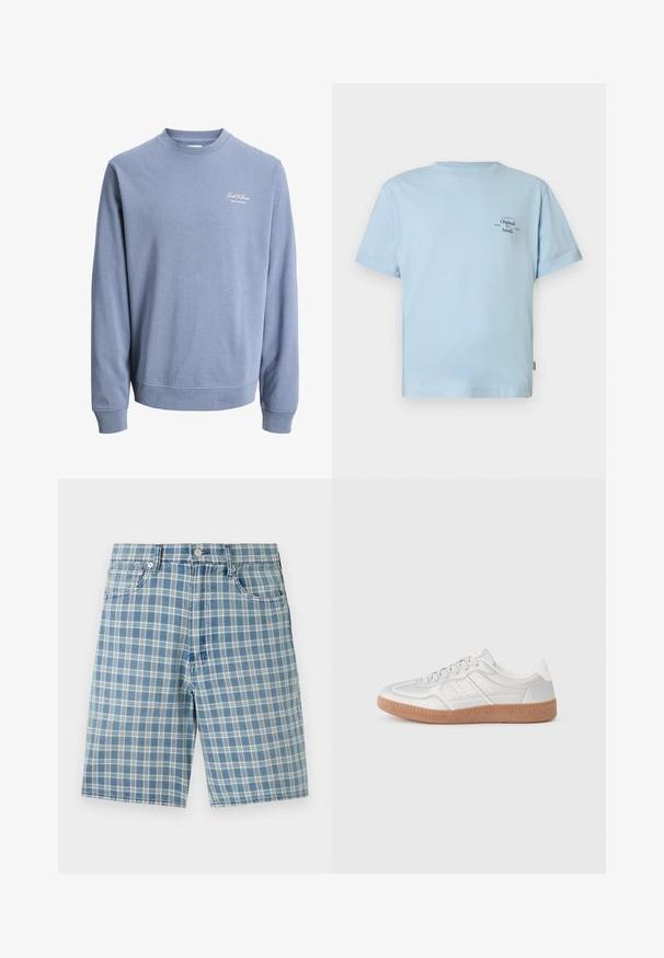 Hellblauer Sweatshirt mit Rundhalsausschnitt, langen Ärmeln und kleinem "Jack & Jones Archive Selection"-Logo auf der linken Brust.; Hellblaues T-Shirt mit kurzen Ärmeln aus weicher Baumwolle. Verfügt über einen Rundhalsausschnitt und ein kleines schwarzes Textlogo auf der oberen linken Seite.; Hellblaue Karobluse-Shorts aus einem Baumwollmix, mit fünf Taschen, Knopfverschluss und lockerer Passform. Die Textur ist glatt und weich.; Silberne Sneakers mit glatter Textur, Schnürdesign, durchbrochenen Akzenten und einer strukturierten braunen Gummisohle.