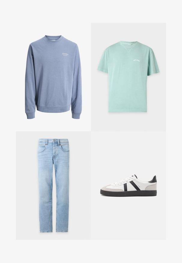 Sweat-shirt bleu clair à col rond avec manches longues et petit logo "Jack & Jones Archive Selection" sur la poitrine gauche.; T-shirt bleu clair à manches courtes et col rond avec petit texte blanc « PEPE JEANS » sur le côté gauche de la poitrine.; Jean denim bleu clair à jambes droites avec poches avant, passants de ceinture et fermeture à boutons sur fond blanc.; Baskets blanches avec des accents noirs et gris, présentant un embout texturé gris, une semelle en caoutchouc noir et des lacets plats blancs. Design épuré, style minimaliste.