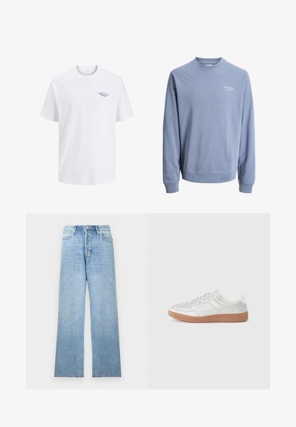 Lyseblå crewneck sweatshirt med lange ærmer og lille "Jack & Jones Archive Selection" logo på venstre bryst.; Hvid bomulds t-shirt med rund hals, der har et lille blåt trykt logo på brystet med teksten "PADEL CLUB Barcelona." Korte ærmer.; Lyseblå denimjeans med lige ben, lukning med øverste knap, fem-lommer-design og frynset kant.; Sølv sneakers med en glat overflade, snørebånd, perforerede detaljer og en struktureret brun gummi sål.