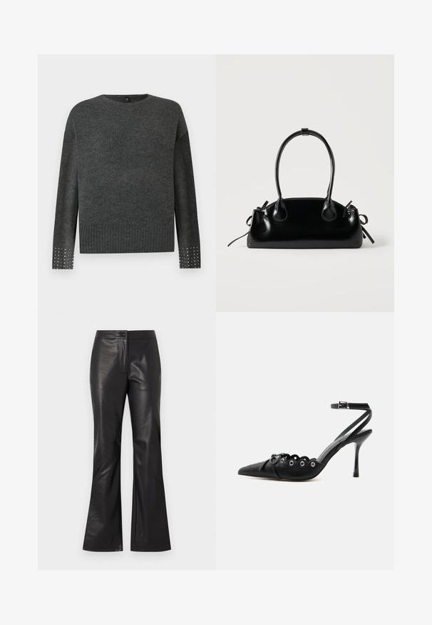 Pull en maille gris avec un col rond, des manches longues, un ourlet côtelé et des poignets ornés de clous en argent pour un détail supplémentaire.; Pantalons évasés en cuir noir avec une texture lisse, dotés d'une fermeture éclair avant et d'un bouton. Le design est ajusté au niveau des hanches, s'évasant au niveau de l'ourlet.; Chaussure à talon haut noire à bout pointu, bords festonnés, œillets métalliques, lacets à l'avant et bride de cheville avec fermeture à boucle.; Petit sac à main noir brillant avec deux longues anses et des détails à cordon sur les côtés sur un fond clair uni.