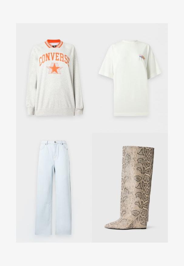 Lysegrå langærmet sweatshirt med orange striped krave og "CONVERSE" tekst samt stjerne-logo i orange på brystet.; Hvid oversized t-shirt med korte ærmer og lille farverigt "SUNSET est. 1972" tekst samt abstrakt design på øverste venstre bryst.; Lyseblå jeans med høj talje og vide ben, foran med knap og lommer, vist fladt på en hvid baggrund.; Høje støvler med spids tå i et beige og sort slangeprint mønster. Lavet af tekstureret syntetisk materiale med en slank, glat finish.