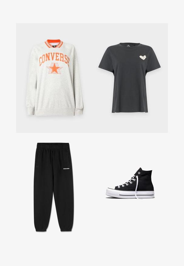 Lysegrå langærmet sweatshirt med orange striped krave og "CONVERSE" tekst samt stjerne-logo i orange på brystet.; Sort kortærmet T-shirt med rund hals og lille hvidt hjerteformet motiv på venstre bryst.; Sorte sweatpants lavet af blødt stof, med snoretræk i taljen, tætsiddende ben og sidelommer. "PEGADOR" logo i hvid på fronten.; Sort high-top canvas sneaker med hvid gummisål og hvide snørebånd, vist fra siden mod en hvid baggrund.