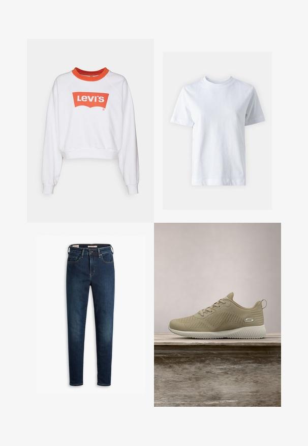 Hvid sweatshirt med en rød rund krave og et stort rødt Levi's-logo på forsiden. Har afslappet pasform og ribbede manchetter.; Hvid bomulds t-shirt med rund halsudskæring, korte ærmer, lige snit og glat tekstur. Ingen mønstre eller dekorationer.; Mørkeblå denim jeans med slim fit, der har fem lommer, standard knaplukning og diskrete slidser foran.; Beige atletisk sko med tekstureret overdækning, snørebånd og støttende hælkappe, hviler på en træoverflade, sat mod grønne planter.
