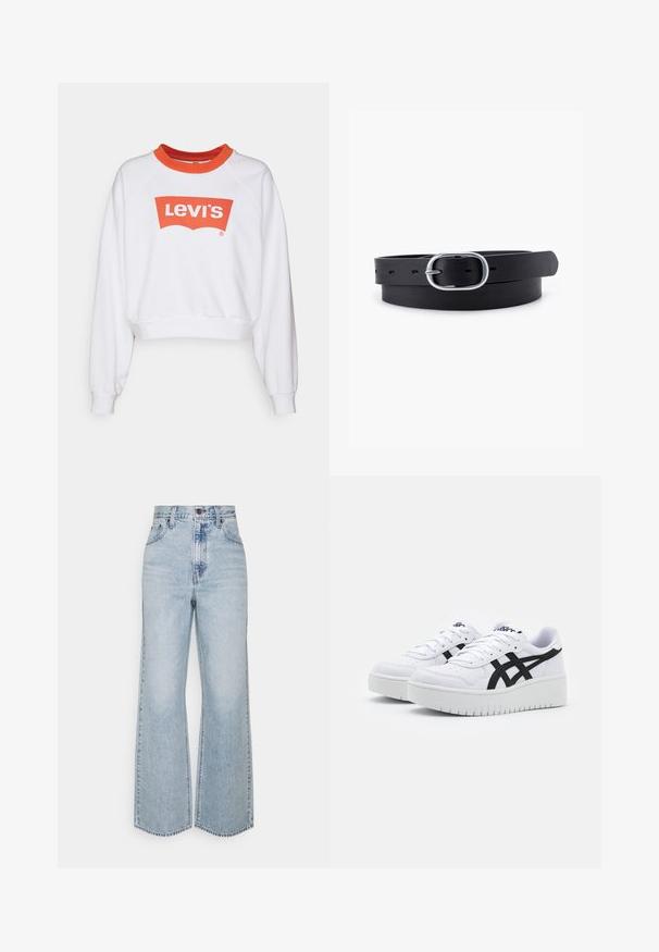 Hvid sweatshirt med en rød rund krave og et stort rødt Levi's-logo på forsiden. Har afslappet pasform og ribbede manchetter.; Lysblå denim brede ben jeans med høj talje, klassisk fem-lomme design og kontrasterende syninger. Uslebne kanter i bunden.; Hvide sneakers med en struktureret overflade, sorte sidestrek og en tyk hvid sål. Har snørebåndsdesign og logo på tungen.; Sort læderbælte med en glat overflade, oval sølvmetalspænde og flere justeringshuller langs stroppen. Flad, minimalistisk design.