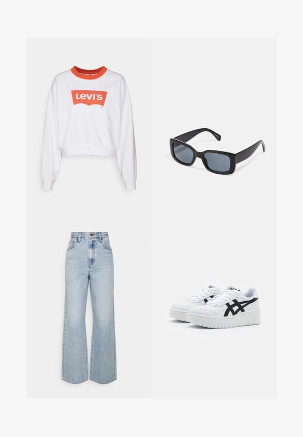 Weißes Sweatshirt mit rotem Rundhalsausschnitt und großem rotem Levi's-Logo auf der Vorderseite. Verfügt über einen lässigen Schnitt und gerippte Bündchen.; Helle blaue Jeans im weiten Schnitt mit hoher Taille, klassischem Fünf-Taschen-Design und kontrastierenden Nähten. Unfinished Saum am unteren Ende.; Weiße Sneaker mit einer strukturierten Oberfläche, schwarzen Seitenstreifen und einer dicken weißen Sohle. Verfügt über ein Schnürdesign und ein Logo auf der Zunge.; Schwarze rechteckige Sonnenbrille mit dunkel getönten Gläsern, dickem Kunstrahmen und breiten Bügeln. Glatte Oberfläche und kantiges Design.