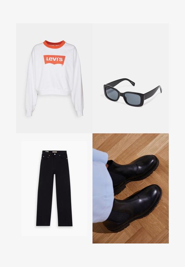 Hvid sweatshirt med en rød rund krave og et stort rødt Levi's-logo på forsiden. Har afslappet pasform og ribbede manchetter.; Sorte denim jeans med lige pasform, fem lommer, kobberdetaljer og en glat tekstur. To mærker synlige på taljebåndet.; Sorte ankelstøvler lavet af glat læder med elastiske sidepaneler, en tekstureret gummisål og kontraststing langs kanten.; Sorte rektangulære solbriller med mørkt tonede linser, tyk plastramme og brede stænger. Glat overflade og kantet design.
