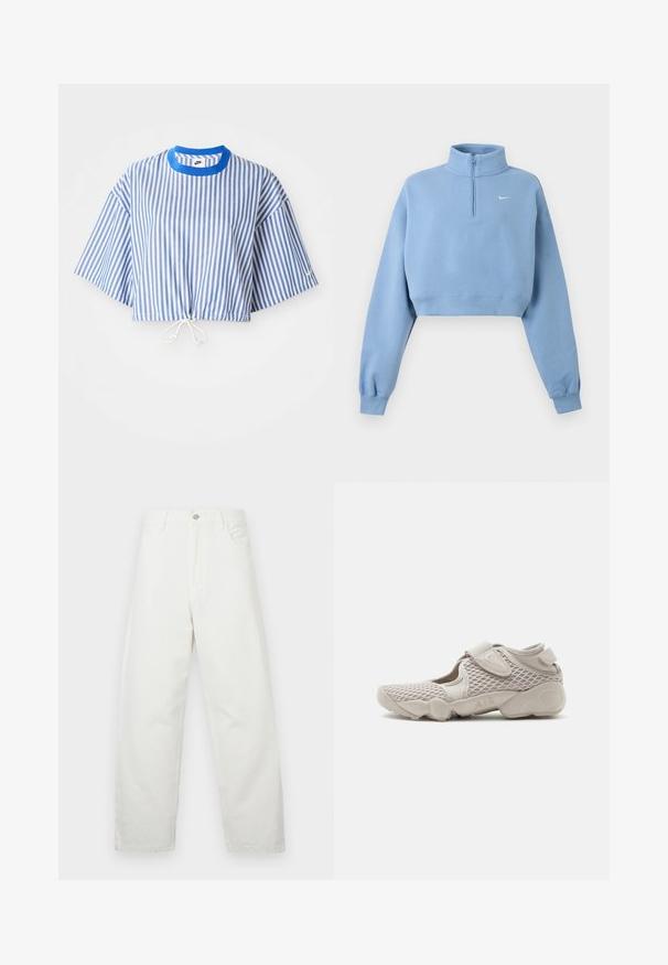 Svetlomodrá krátka mikina s dlhými rukávmi, rebrovanými manžetami, štvrťzipsom, vysokým golierom a malým bielym logom Nike na ľavej strane hrude.; Zrezaná blúzka s modro-bielymi vertikálnymi pruhmi, krátkymi širokými rukávmi a sťahovacou šnúrkou v páse. Má modrý okrúhly výstrih.; Biele džínsové nohavice s širokými nohavicami vyrobené z bavlny, so štandardným dizajnom s piatimi vreckami a kovovým gombíkom na zapínanie v páse. Hladká textúra.; Svetlo béžová športová obuv s vrchnou časťou z mrežoviny, nastaviteľným remienkom a polstrovanou podrážkou označenou "AIR", zobrazená z bočného pohľadu na bielom pozadí.
