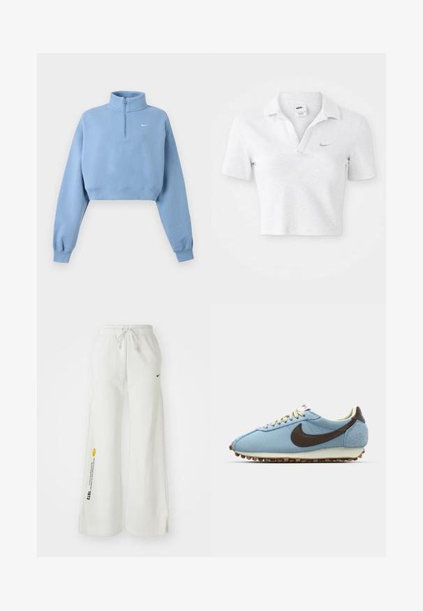 Sudadera corta azul claro con mangas largas, puños acanalados, cremallera cuarteada, cuello alto y pequeño logo blanco de Nike en el pecho izquierdo.; Camiseta polo recortada en gris claro con una textura suave, que presenta un cuello clásico y un pequeño logo de Nike en gris oscuro en el pecho.; Pantalones de chándal blancos y de pierna ancha con cintura elástica, cordón, aberturas laterales, logo negro de Nike y texto gráfico en amarillo contrastante.; Zapatilla deportiva azul hecha de malla y ante. Presenta un logotipo de Nike en color marrón, cordones beige y una suela de goma texturizada para mayor agarre.