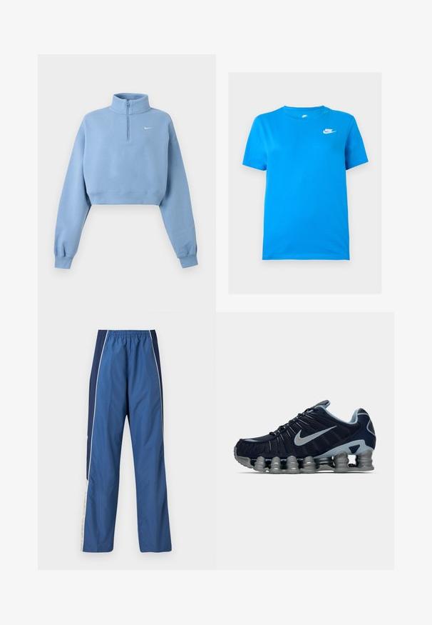 Lyseblå cropped sweatshirt med lange ærmer, ribkanter, kvart lynlås, høj krave og lille hvid Nike-logo på venstre bryst.; Blå kortærmet Nike T-shirt med rund hals og hvidt Nike-logo på øverste venstre bryst mod en ensfarvet baggrund.; Blå træningsbukser med en let og glat tekstur. Elastisk talje, kontrastfuld mørkeblå sidepanel og hvide accentstriber.; Mørkeblå og sølv atletiske sko med segmenteret polstret sål og sølv Nike swoosh på siden, vist i højre profil på hvid baggrund.