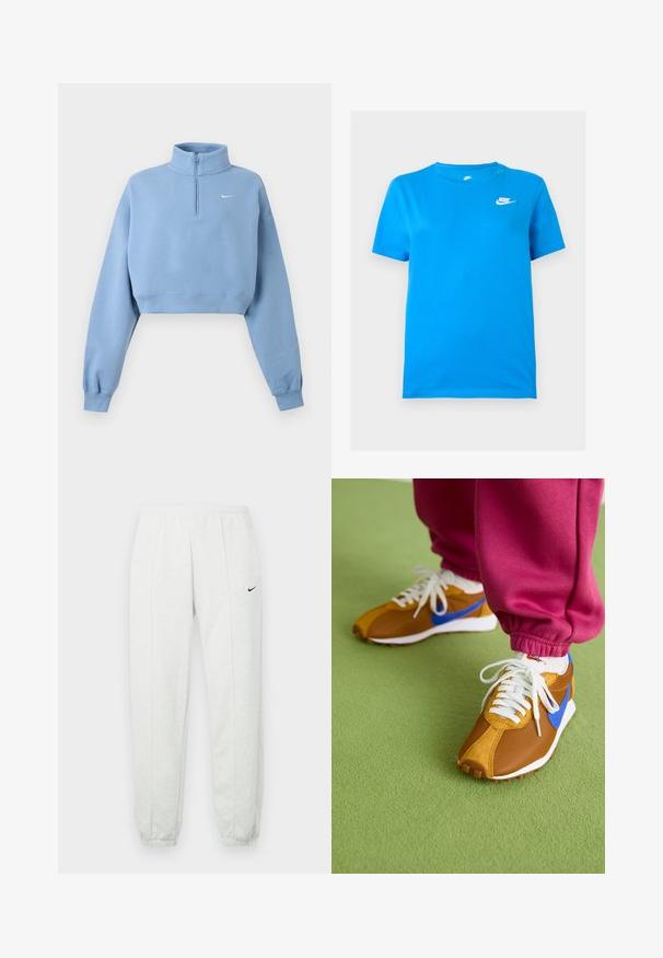 Svetlomodrá krátka mikina s dlhými rukávmi, rebrovanými manžetami, štvrťzipsom, vysokým golierom a malým bielym logom Nike na ľavej strane hrude.; Modré krátke rukávové tričko Nike s okrúhlym výstrihom a bielym logom Nike na ľavej hornej časti hrudníka na jednoduchom pozadí.; Svetlosivé tepláky Nike s elastickým pásom, zúženými lemami a malým čiernym logom na ľavom stehne. Mäkká, textúrovaná tkanina.; Hnedé a modré tenisky s kombináciou sieťoviny a semišu, s bielymi šnúrkami a textúrovanou hnedou podrážkou, umiestnené na zelenej podlahe.