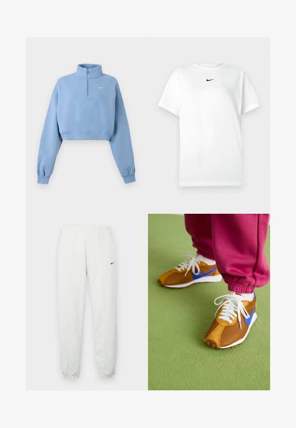 Lyseblå cropped sweatshirt med lange ærmer, ribkanter, kvart lynlås, høj krave og lille hvid Nike-logo på venstre bryst.; Hvid kortærmet T-shirt med rund hals, prydet med et lille sort Nike swoosh-logo centreret under halsudskæringen.; Lysegrå Nike joggingbukser med elastisk taljebånd, tilspidsede manchetter og et lille sort logo på venstre lår. Blødt, tekstureret stof.; Brune og blå sneakers med en blanding af mesh og ruskindsmaterialer, prydet med hvide snørebånd og en tekstureret brun sål, placeret på grønne gulve.