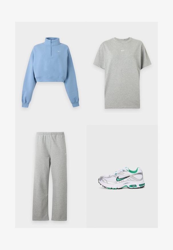 Svetlomodrá krátka mikina s dlhými rukávmi, rebrovanými manžetami, štvrťzipsom, vysokým golierom a malým bielym logom Nike na ľavej strane hrude.; Šedé bavlnené tričko s krátkym rukávom, okrúhlym výstrihom a malým bielym logom Nike swoosh v strede na hrudi.; Svetlosivé tepláky s elastickým pásom a malým bielym logom Nike na hornej časti stehna, zobrazené na bielom pozadí.; Biele, strieborné a zelené bežecké topánky Nike. Obsahujú sieťovinový a syntetický materiál, polstrovaný golier a odpruženú podrážku s viditeľnými vzduchovými jednotkami.