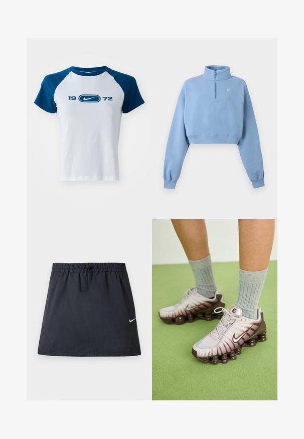 Sweat-shirt court bleu clair à manches longues, poignets côtelés, fermeture éclair quart, col montant, et petit logo blanc Nike sur la poitrine gauche.; T-shirt en coton blanc avec des manches raglan bleues, arborant un logo central et "1972" imprimé en dessous en bleu. Manches courtes et col rond.; Jupe de sport noire avec taille élastique et cordon de serrage ajustable, présentant un petit logo Nike swoosh blanc sur le côté droit.; Baskets Nike en rose clair et marron, présentant un dessus texturé, un design superposé et une semelle extérieure amortissante avec des unités d'air visibles.
