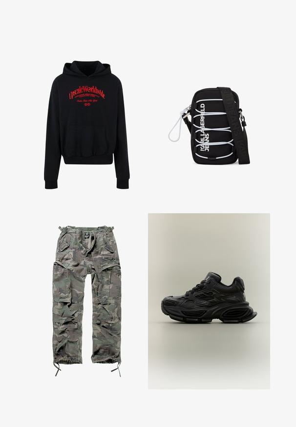 Schwarzer Hoodie aus Baumwollmischung mit einer vorderen Tasche, gerippten Bündchen und einem roten Grafiktextdesign auf der Brust.; Tarnfarbene Cargo-Hose in Grün und Grau, ausgestattet mit mehreren Taschen, elastischem Bund, verstellbaren Knöchelbündchen und einer lockeren Passform.; Schwarzer klobiger Sneaker mit strukturiertem Design, dicker Sohle und Schnürverschluss vor schlichtem neutralem Hintergrund.; Schwarze Umhängetasche mit weißen elastischen Schnüren, silbernen Beschlägen und dem Aufdruck "KARL LAGERFELD JEANS" in Weiß auf der Vorderseite, mit breitem schwarzem Träger.