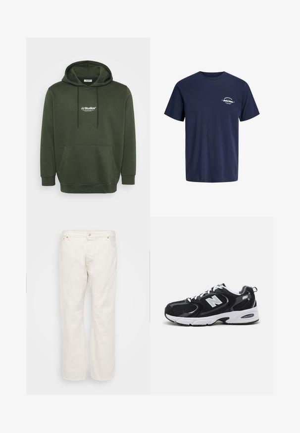 Donkergroene hoodie met een kangoeroezak, capuchon met trekkkoord, en een wit logo "JJ Studios" op de borst. Zacht materiaal met een normale pasvorm.; Marineblauw T-shirt met korte mouwen en ronde hals met kleine witte tekst "Definition of Jack & Jones" op de linkerborst.; Witte denim jeans met een rechte pasvorm, voorzien van een knoopsluiting, riemlussen en twee zijzakken. Gladde textuur, minimalistische details.; Zwarte en grijze sport schoenen met een bovenwerk van mesh en suede, voorzien van een witte tussenzool, veters en een gedurfde "N"-logo aan de zijkant.