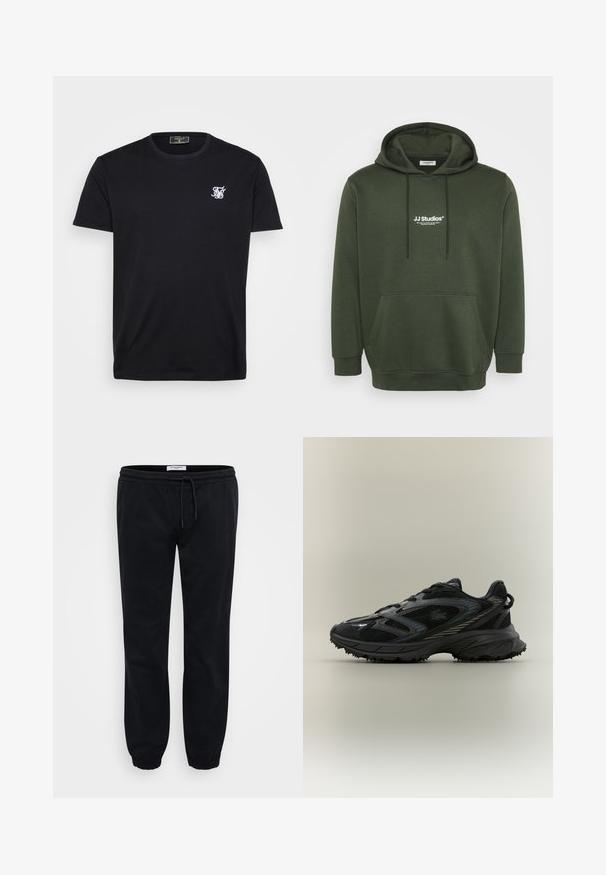 Mørkegrøn hoodie med kangaroo-lomme, hætte med snøre og hvidt logo "JJ Studios" på brystet. Blødt stof med regular fit.; Sort bomulds t-shirt med korte ærmer, rund halsudskæring og et lille hvidt broderet logo på venstre bryst. En simpel og klassisk design.; Sorte sweatpants lavet af blødt bomuld med elastisk talje og snor. Har elastiske manchetter og sidelommer for praktisk anvendelse.; Sort atletisk sko med meshpaneler, en tekstureret sål, snørebånd og en buet silhuet med sølvfarvede accenter på siderne.